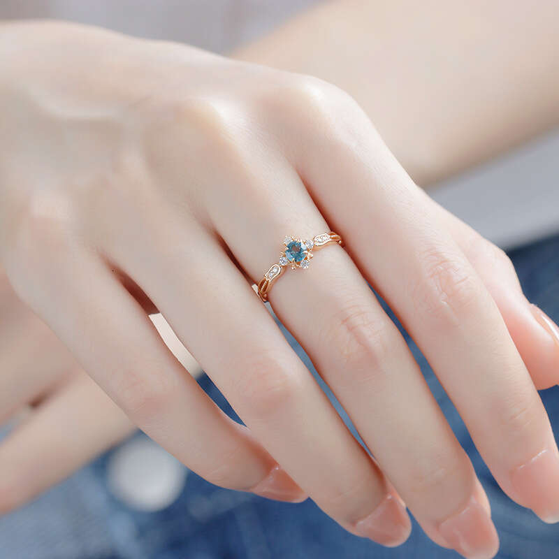 Fresh Lily of the Valley Engraved Design Light Luxury Natural London Blue Topaz Same Style Ring for Women