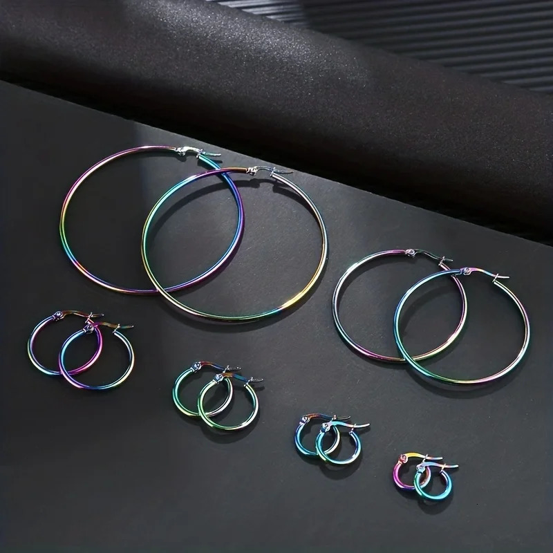 6 Pairs Fashion Simple Colorful Stainless Steel Hoop Earrings for Women Men Big Small Circle Round Ear Jewelry Size 10-40mm 250603