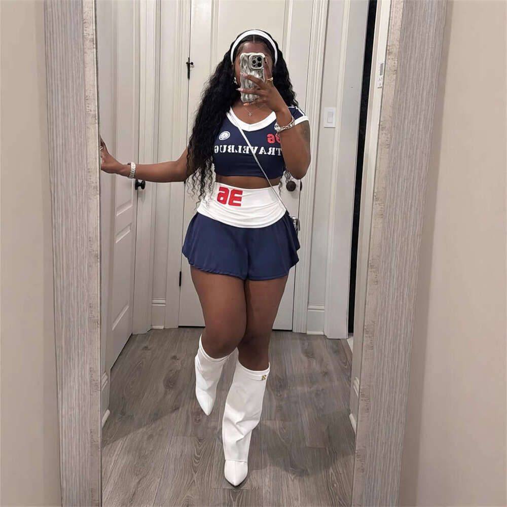 Summer American Style Spicy Girl Short Letter Print Color Block Strap Waist Skirt Set For Women B5
