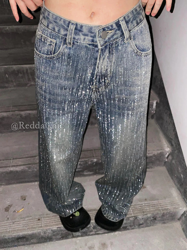 REDDACHiC Sparkly Rhinestone Baggy Jeans Y2k Retro Distressed Straight Wide Leg Casual Pants Concert Night Rave Women Streetwear 250617