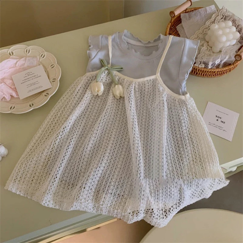 Childrens Clothing 2025 Blue ClothingCamisole Skirt set Summer Sweet Tulip Vest Knitted Skirt Korean Version Baby Set Stylish 250617