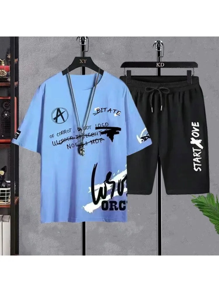 Summer Set for Men Clothes Casual Short Sleeve T ShirtShort Sets 2 Piece Sets Men Y2K Tracksuits Oversized O-Neck Print T-shirt 250617