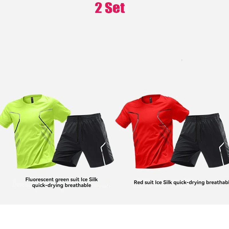 Tracksuit Suit Men Ice Silk Running Quick Dry Shirt Short Sleeve Summer Thin Shorts Fitness Training Wear Ball 250617
