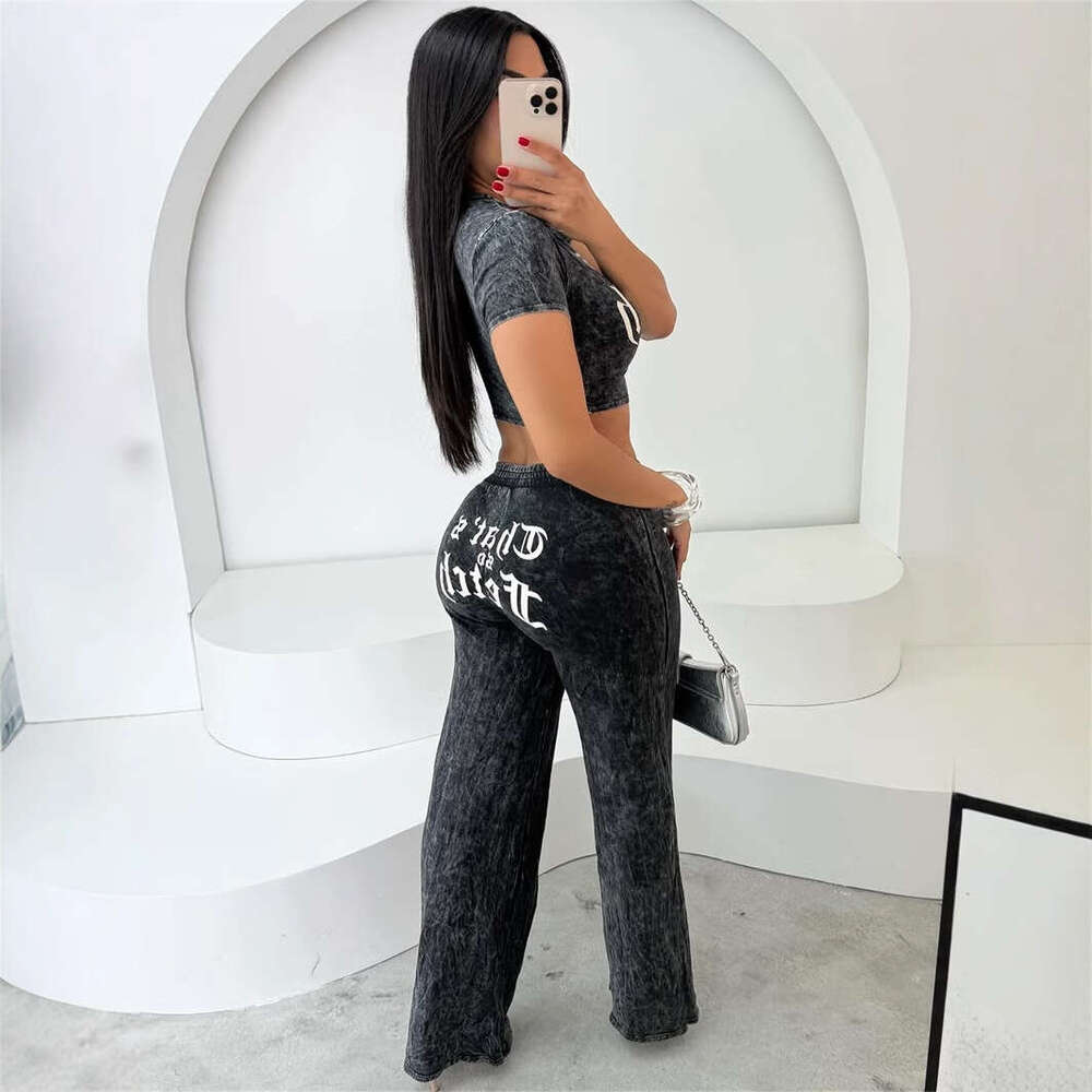 New High Hip Hop Solid Color Street Print Short Sleeve Top And Straight Leg Pants Set For Women B5
