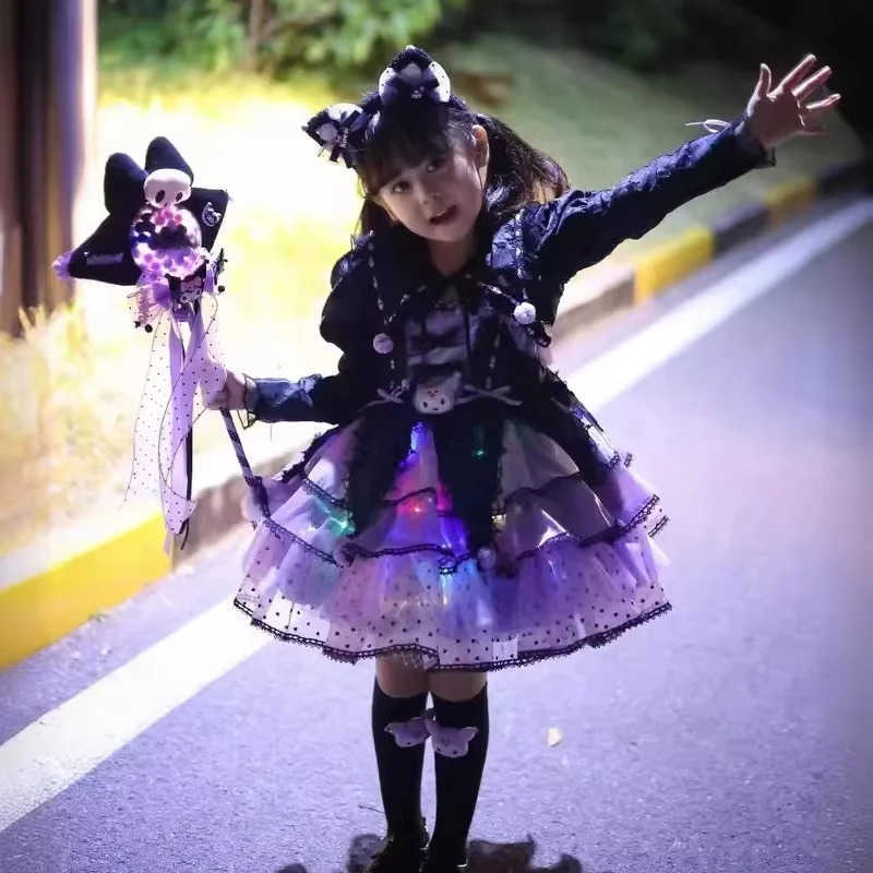 Sanrio In Stock Kuromi Lolita Cosplay Strap Dress Princess Glowing Skirt Support Rear Tail Little Coat Safety Trousers Halloween ClothXJ250618