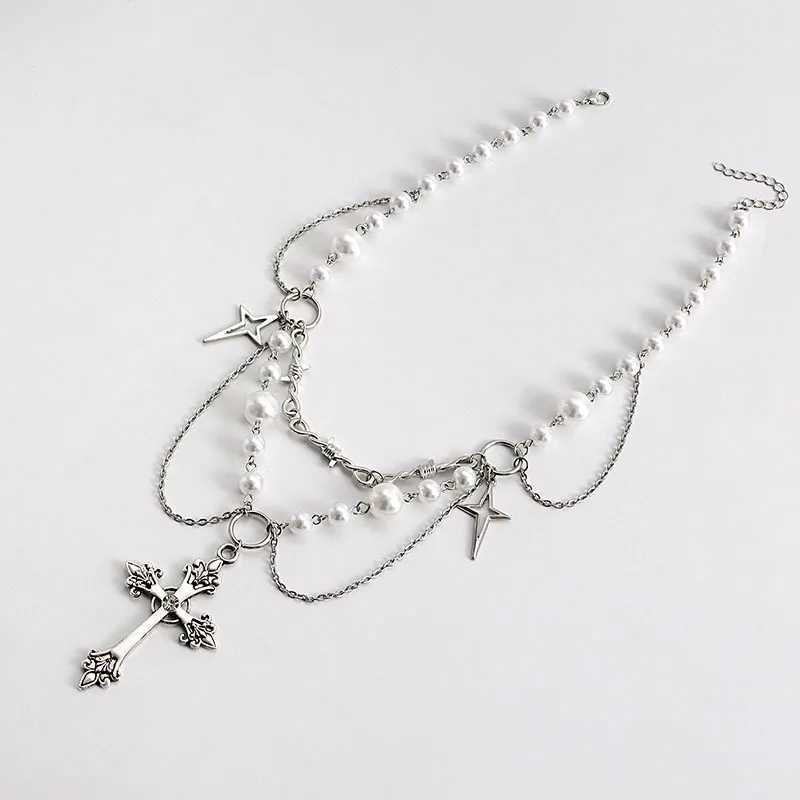 Vintage Gothic Cross Rosary Necklaces Wen Punk Layered Chain Charm Handmade Sacred Pearl Beaded Choker Necklace Girl GiftsC250617