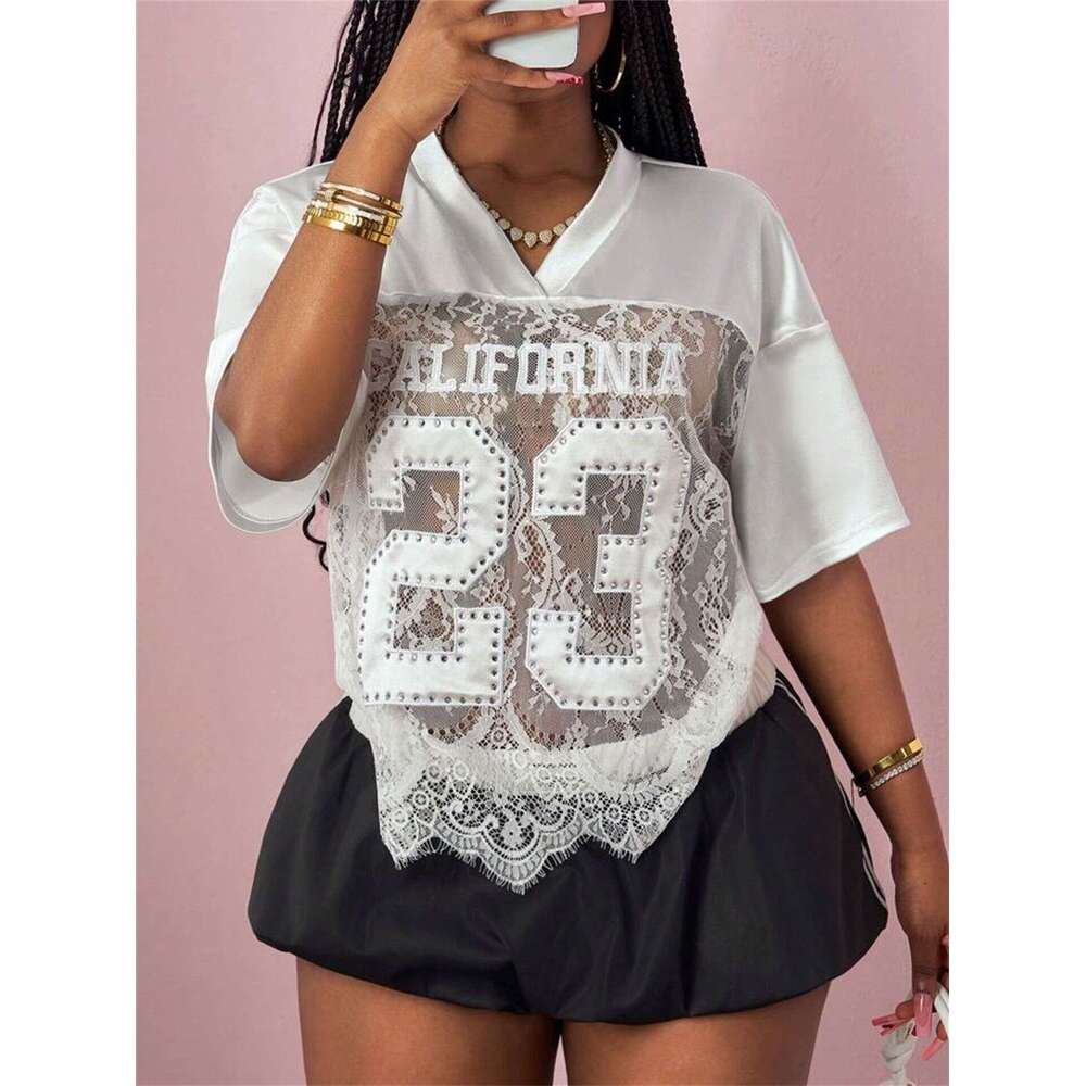 Summer New Women's Printed Loose Casual Street Style Sheer Sexy Lace Patchwork Top B5