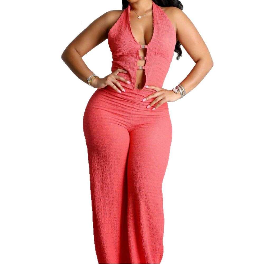 Summer New Halter Neck Sleeveless Backless V-Neck Tube Top Button Sexy Fashion Jumpsuit B5