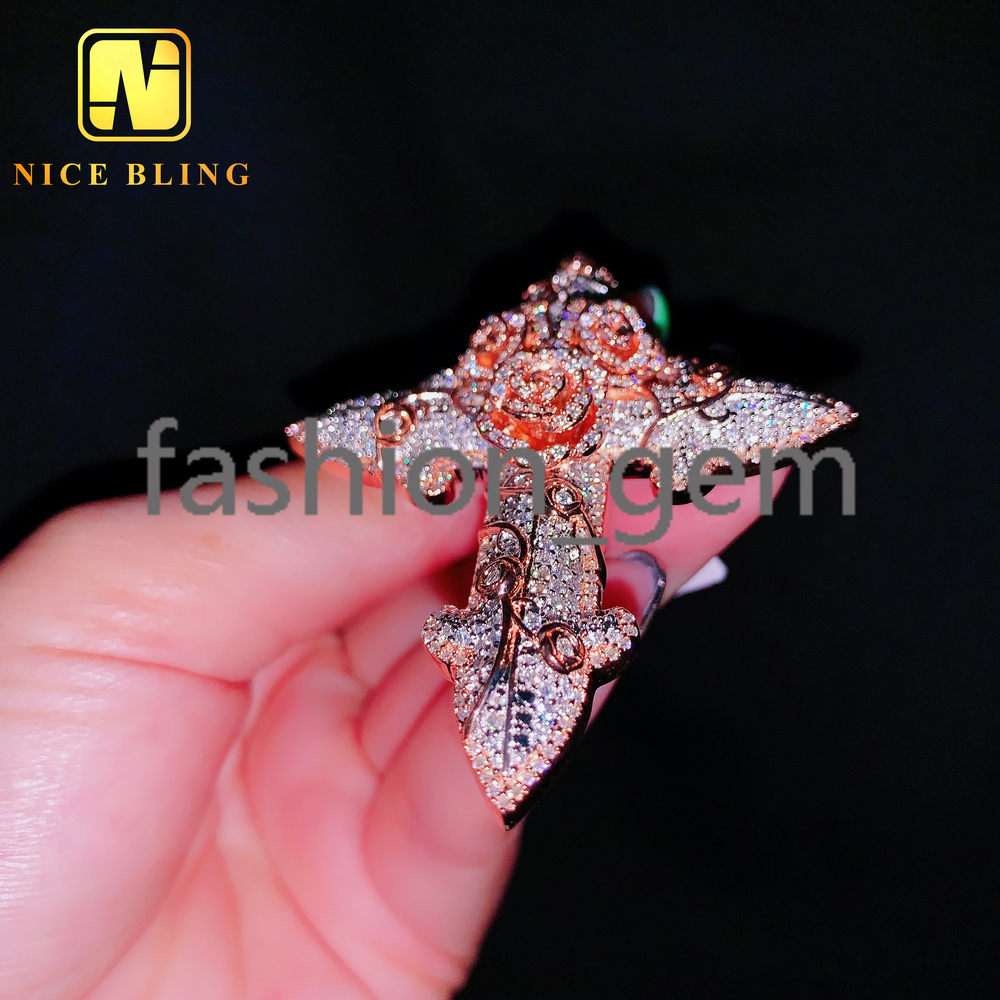 NEW ARRIVAL 3d Rose Cross Pendant Moissanite Pass Diamond Tester Iced Out Pendant Religious Jewelry Moissanite Hip Hop Pendant
