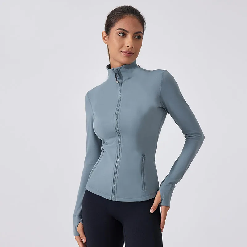 Stretch Gold Zipper Yoga Jacket Stand Up Collar Yogo Clothes Long-Sleeve Thumb Hole Training Running Sweateshirt Women Slim Fitness Coat Sports Outfit