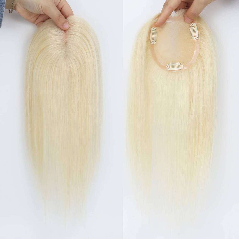 9.5X9.5cm Mono Base Topper for Women Real Remy Brazilian Human Hairpieces with Clips in 12" Ombre Highlight Summer Breathable