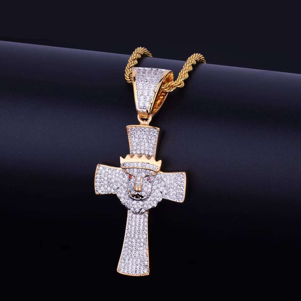 Trendy New Arrivals 18K Gold .925 Silver Lion Crown Iced out Cross Pendant Chain Necklace Design Inspired by the Lion of Judah