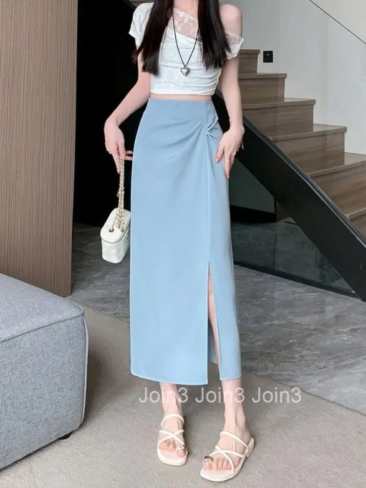 Wrap Tight Midi Skirts for Women with Slit High Waist Aesthetic Premium Casual Korean Style Y2k Vintage Cheap Modest Woman Skirt