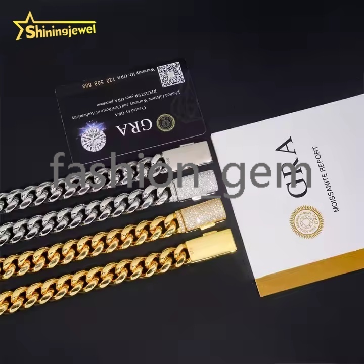 PVD Plated 14MM 925 silver Cuban Chains + 925 Silver VVS Moissanite Lock Fashion Men Hip Hop Necklace Bracelet