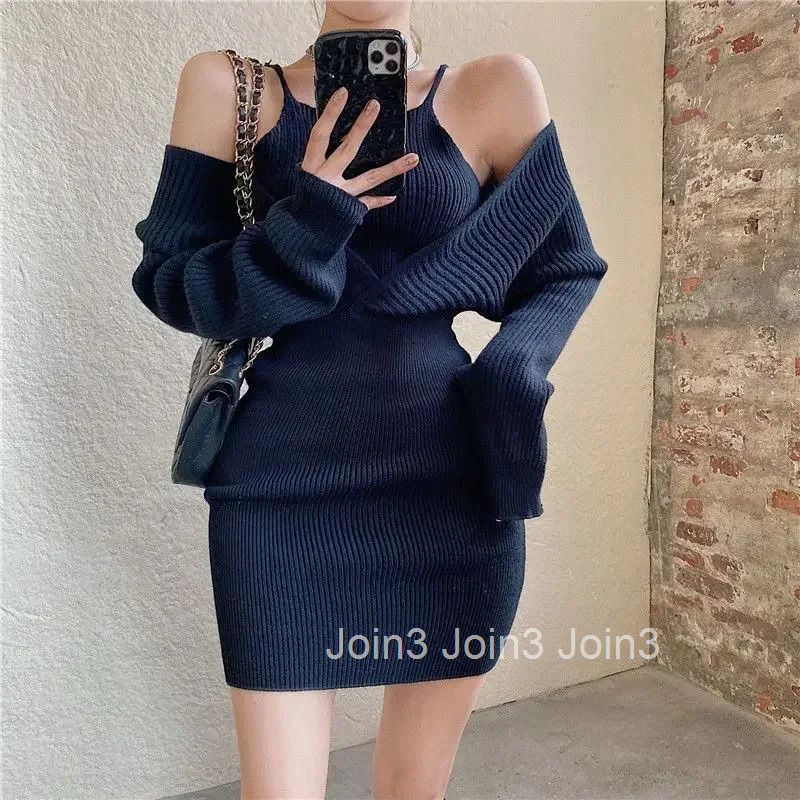 Korean Style Womens Crochet Dresses Over The Shoulder Autumn and Winter Retro Designer Clothes Y2k New In G X Female Knit Dress