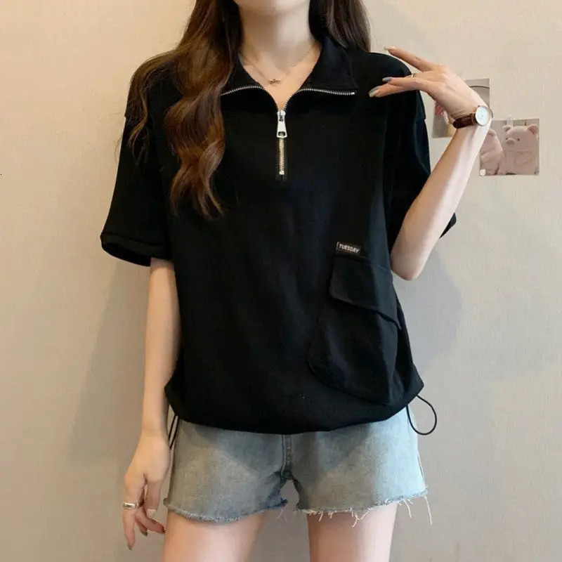 Polo Zipper T Shirts Women Summer Casual Loose Short Sleeve Pullover 2025 Korean Lady Fashion Shirring Black Tops 250617
