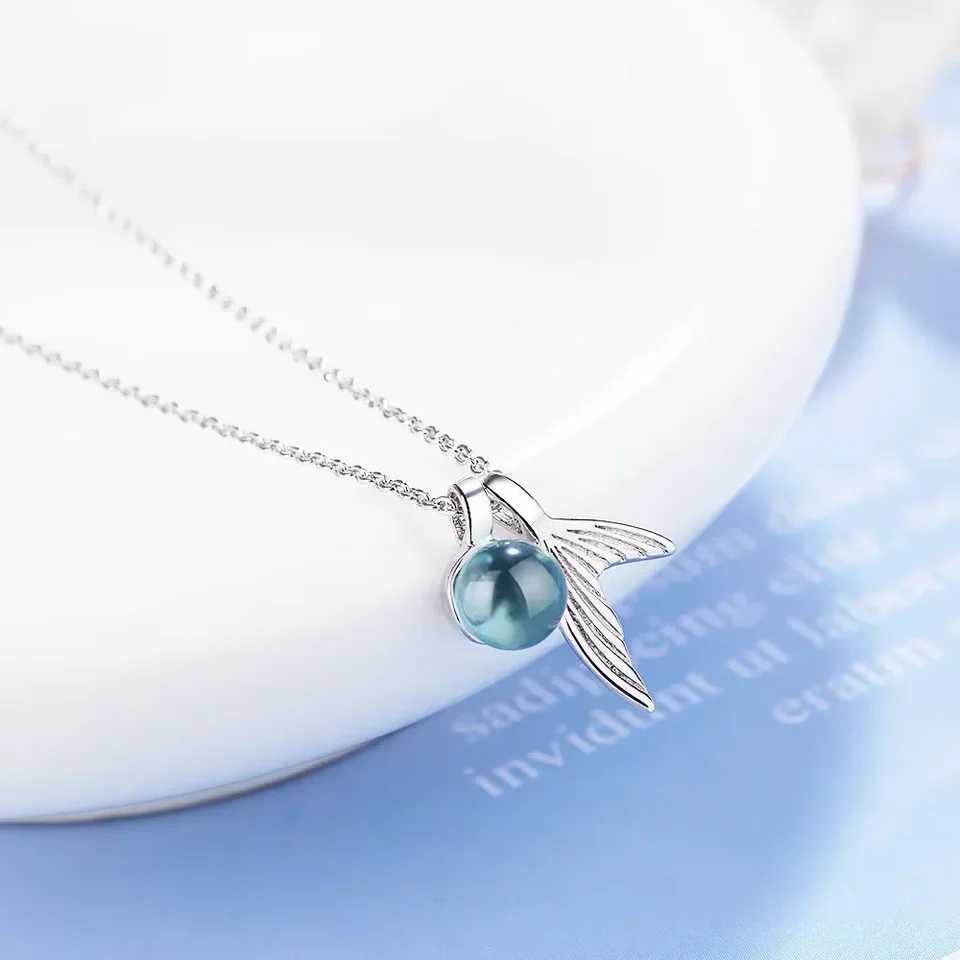 S925 Sterling Silver Womens Sapphire Bead Mermaid Tail Pendant Necklace (40cm+3.5cm) Luxury Jewelry W250618