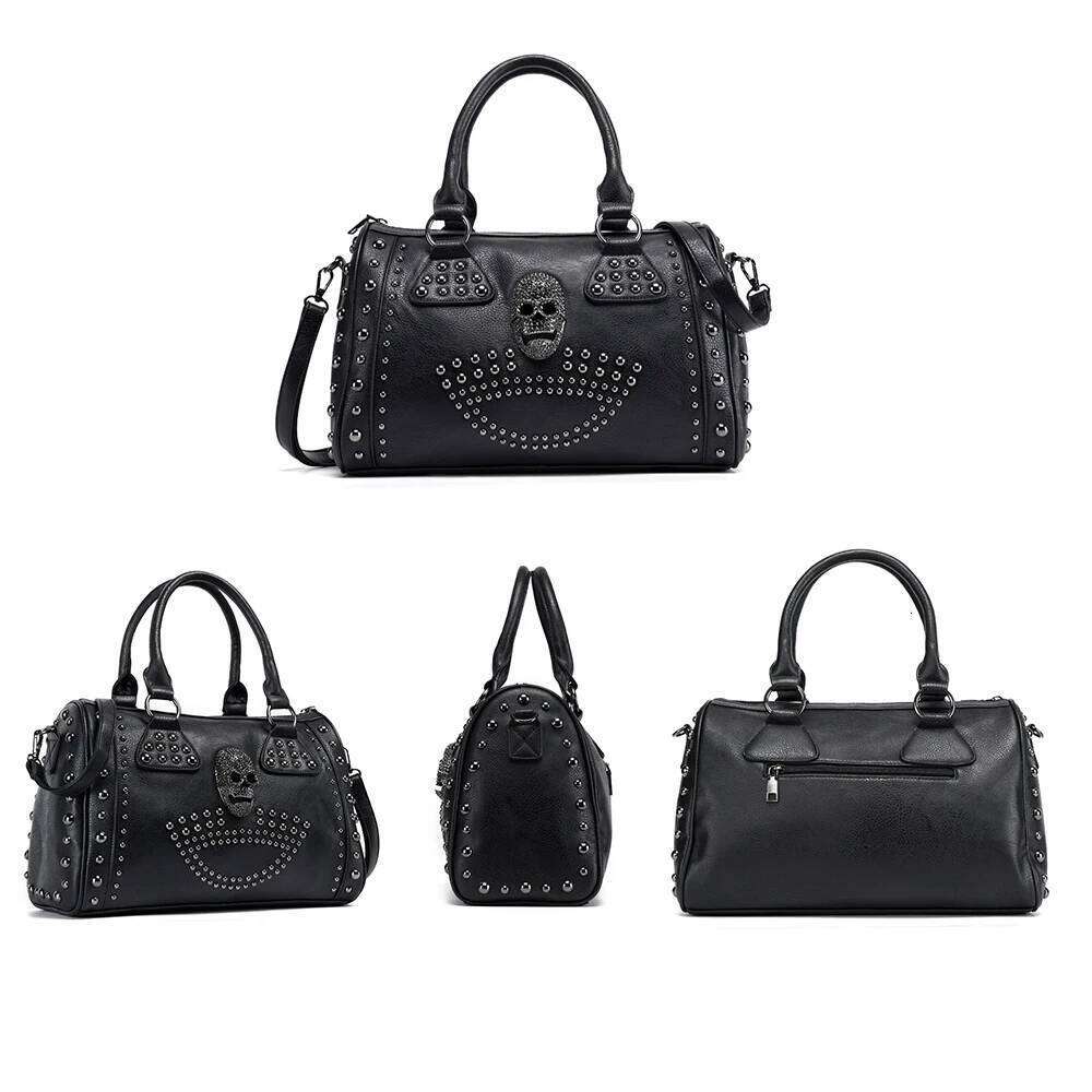 Annmouler Women's 2022 Trend Large Capacity Boston Black Skull Handbag Pu Leather Tote Bag Rivet Crossbody Purse