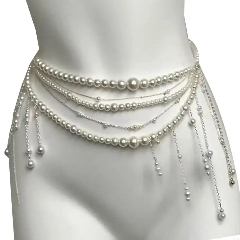 B2QE Stylish Layered Waist Chain Feature Tassels And Floral Pearls Charm Enhancing Outfit for Evening Gowns or Casual Outfit 250618