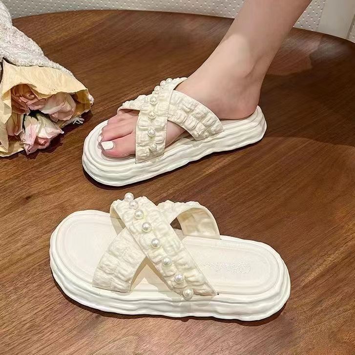 New Fairy Style Thick Bottom Dissolved Shoes Beach Women's Sandals Inlaid with Pearls Fashion Women's Slippers Designer Sandals