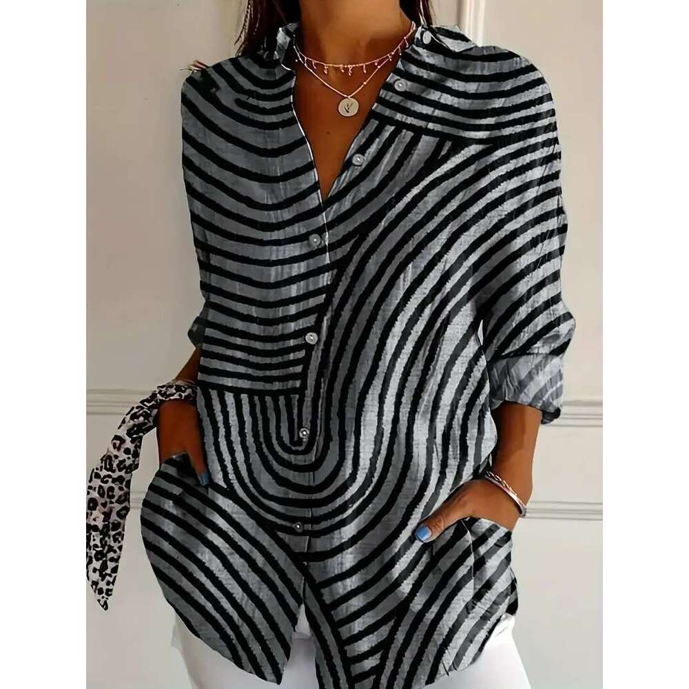 Spring New Turn-Down Collar Mid-Sleeve Casual Shirt Women's Creative Floral Print Blouse B5