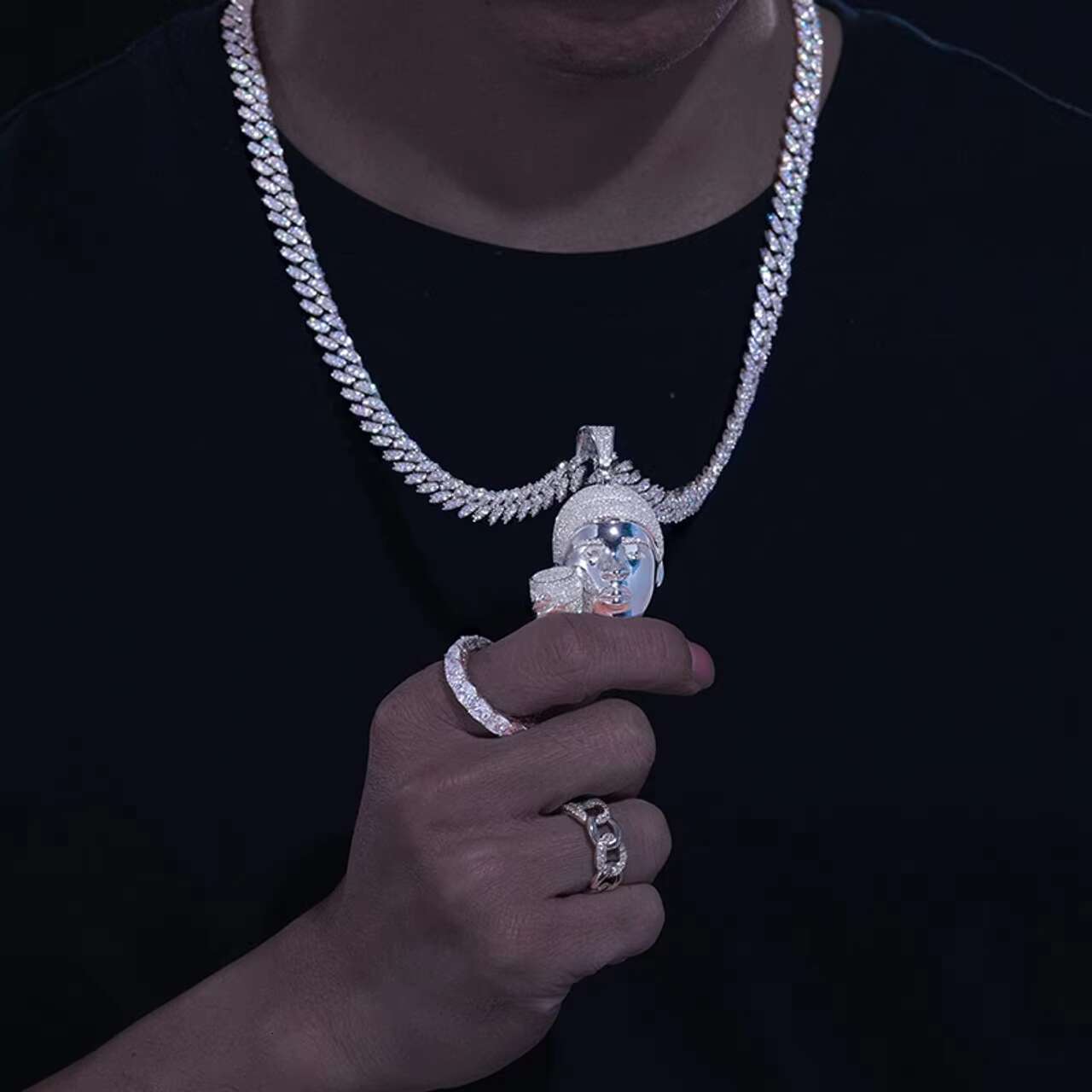 Luxury 925 Sterling Silver VVS Moissanite Diamond Iced out Rappers Head Pendant Necklace with Cup Hip Hop Jewelry