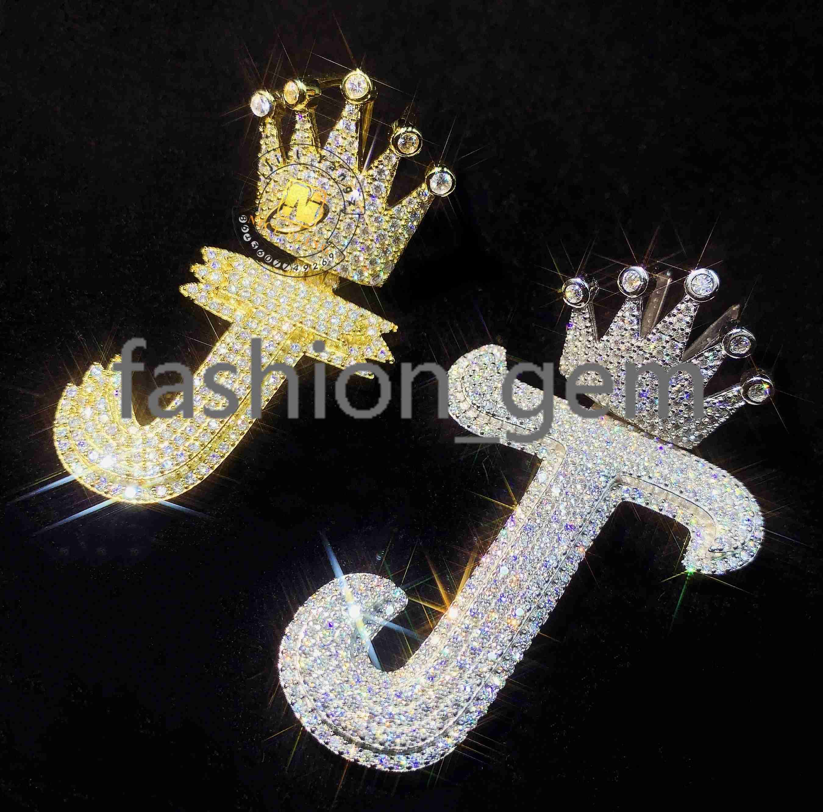 Ready Stocks Initials Letters Pendant Moissanite 925 Silver Hip Hop Rock Letter with Crown Pendant Custom Accepted Gifts