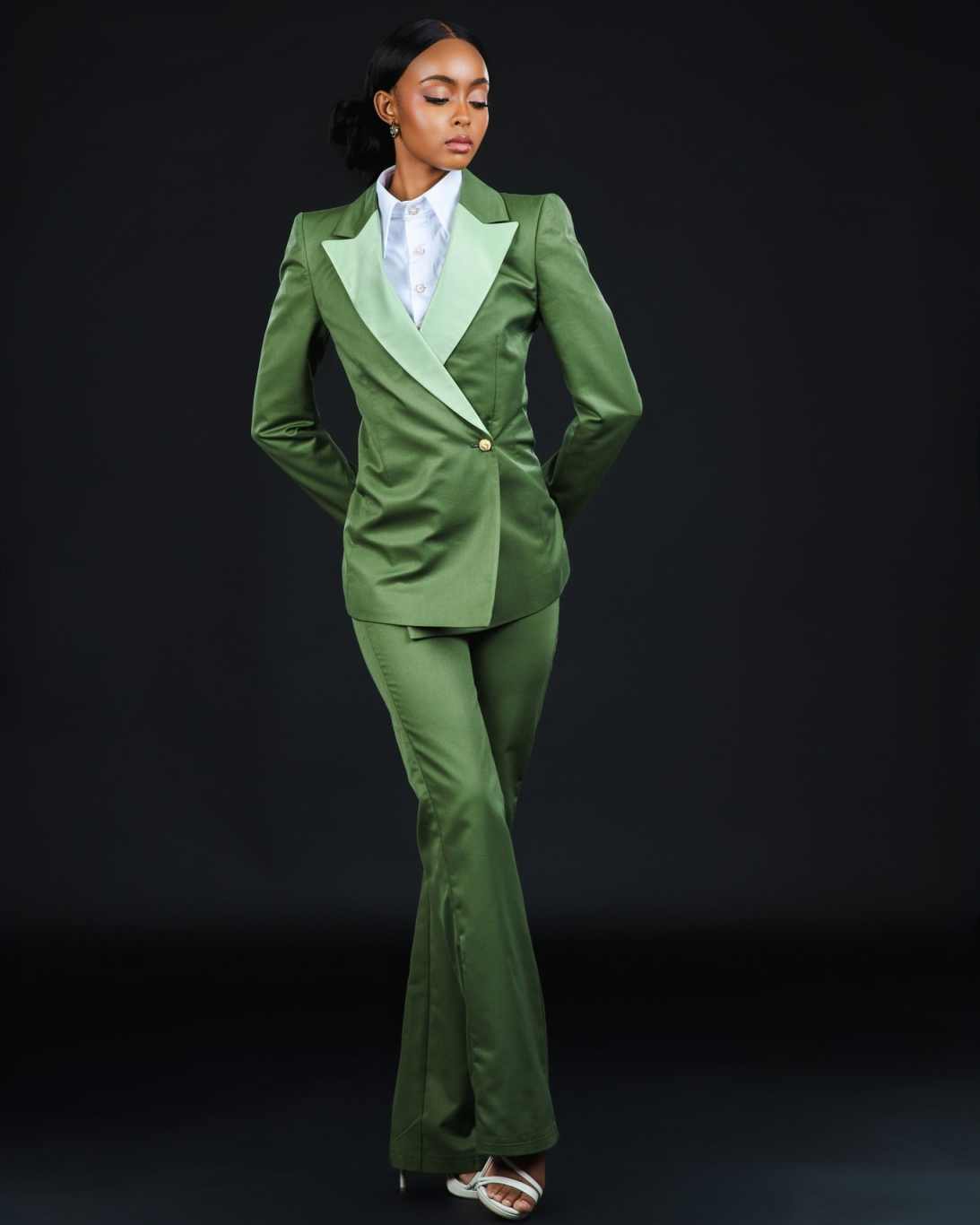 Formal Green Women Pants Suits Peaked Lapel Long Sleeve Work Wear Prom Birthday Party Customized Blazer 2 Pieces