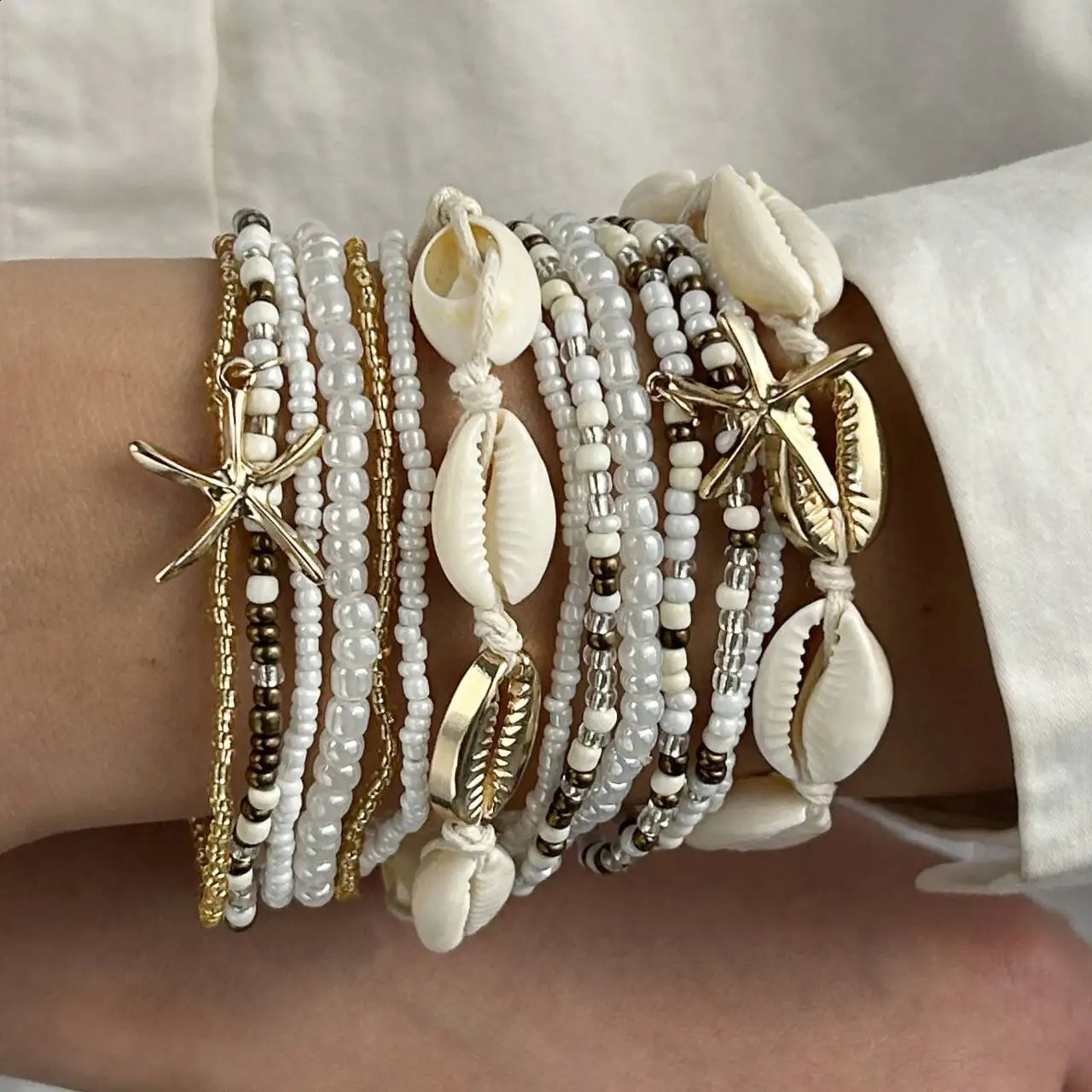 14 piece set of fashionable Bohemian acrylic starfish beaded rice bead womens bracelet for beach vacation 250613