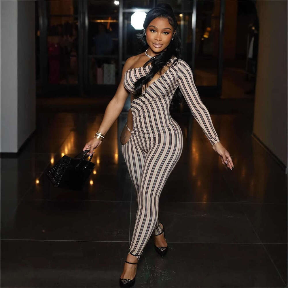 Autumn New Elastic Striped Slim Sexy Hot Girl Hollow Out Jumpsuit Bodysuit B5