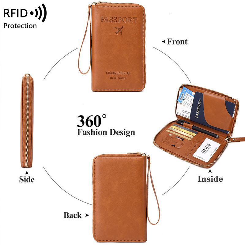 Free Shipping Luxury New RFID Passport Holder Ticket Organizer Document Bag Zipper Long Wallet Multifunctional Designer Travel Passport Bag Card Holde