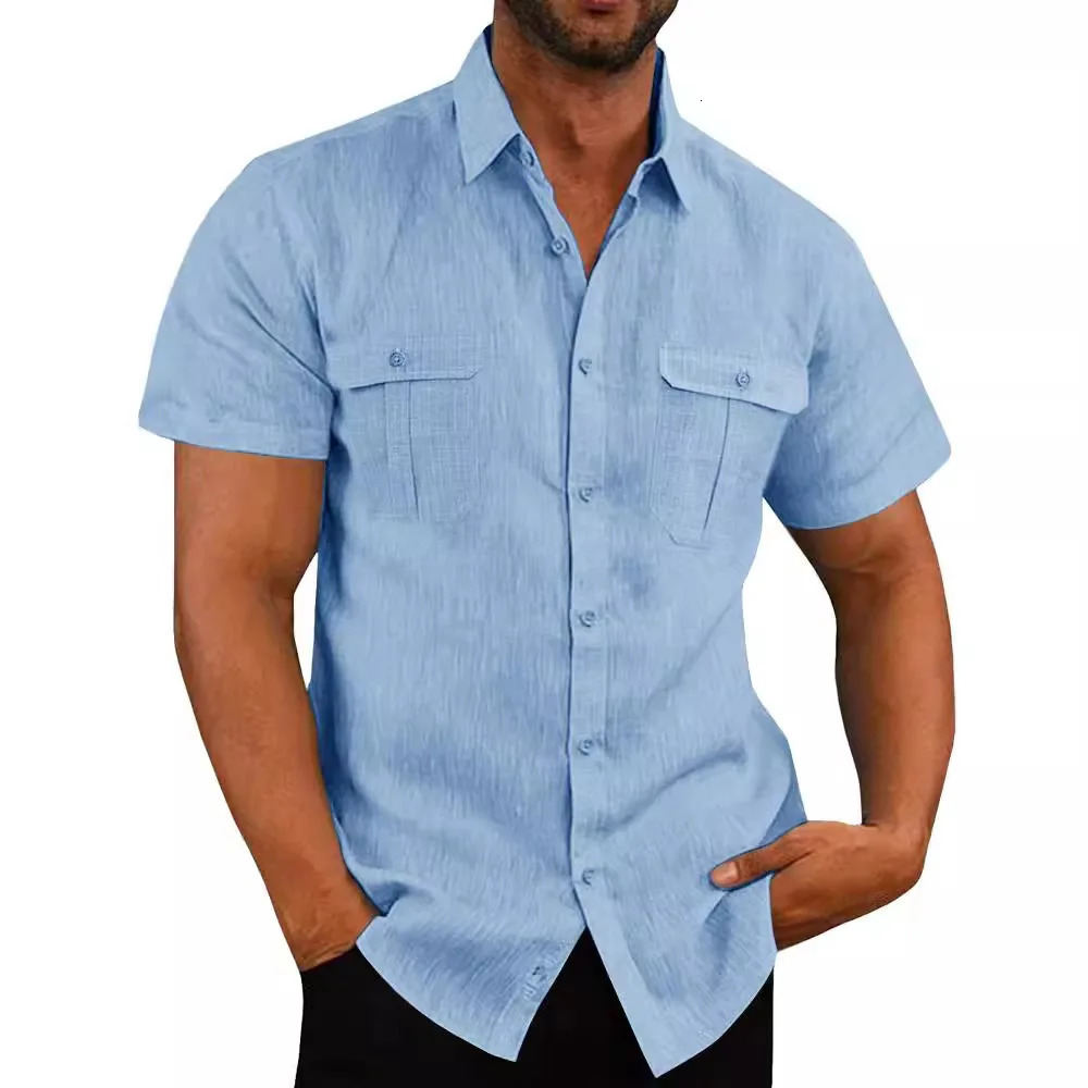 Mens Shirt Double Pocket Cotton Linen Short Sleeve Shirts for Men Casual Holiday Beach Shirt streetwear Solid Color Slim Fit 250616