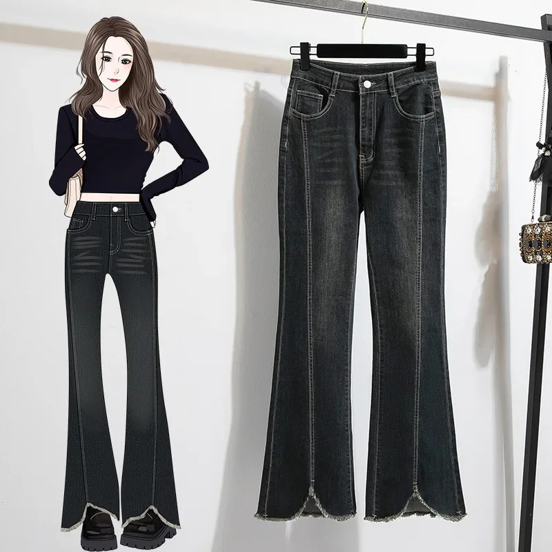 Plus Size Plus Size Slim Fit Micro Flare Jeans Elastic Frayed n Sensation Fat MM Slimming Hip Covering Bell Pants Women 250609
