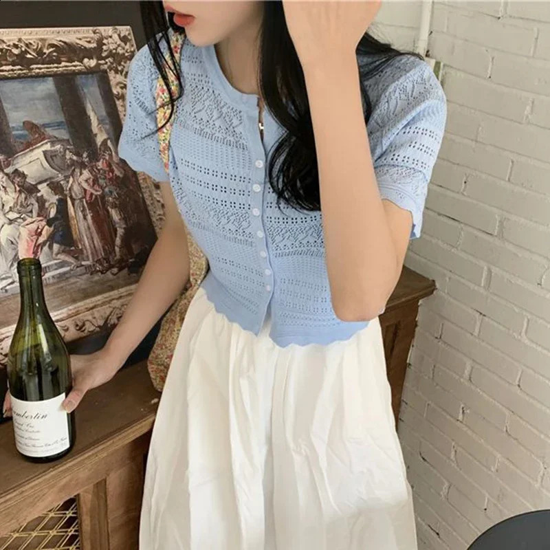 Chic Knitted Hollow Out Tshirts Women Summer Button Up Short Sleeve Crop Tee Woman All Match Round Neck T Shirt Female 250614