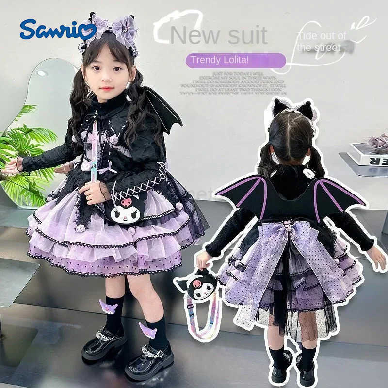 Sanrio Sanrio Kuromi Dress Cartoon Girl Lolita Skirt Set Autumn Long Sleeves Girls Dress Cosplay Princess Dress Birthday Party Gifts XJ250618
