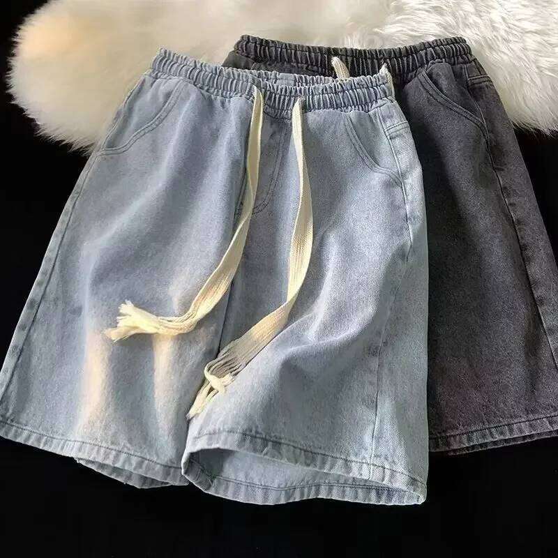 Men's Casual Thin Five-Point Denim Shorts, Vintage American Style Drawstring Loose Fit Straight Leg Summer Shorts