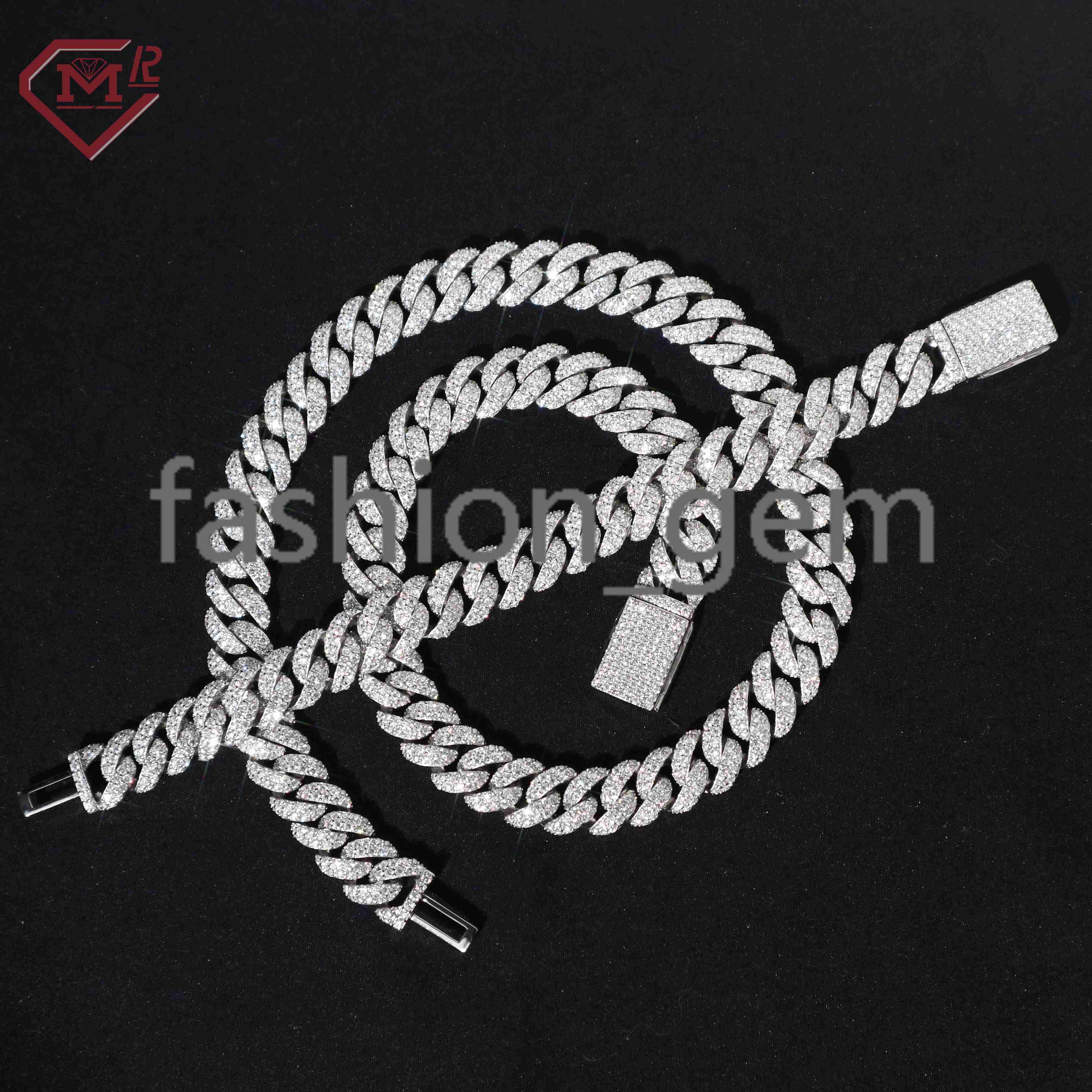 Pass Diamond Test Moissanite Cuban Chain Bracelet Necklace Custom 2 Rows Miami Silver 925 Moissanite Cuban Link Chain