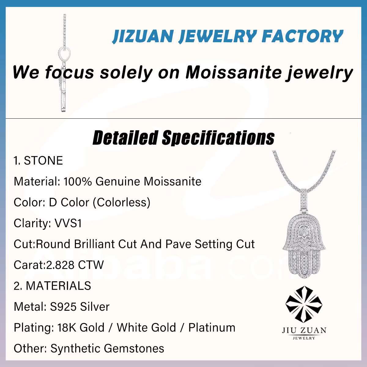Full Moissanite Hamsa Pendant Necklace 925 Sterling Silver 18K Gold Plated Minimalist Fashion Hip Hop Style GRA Certificate