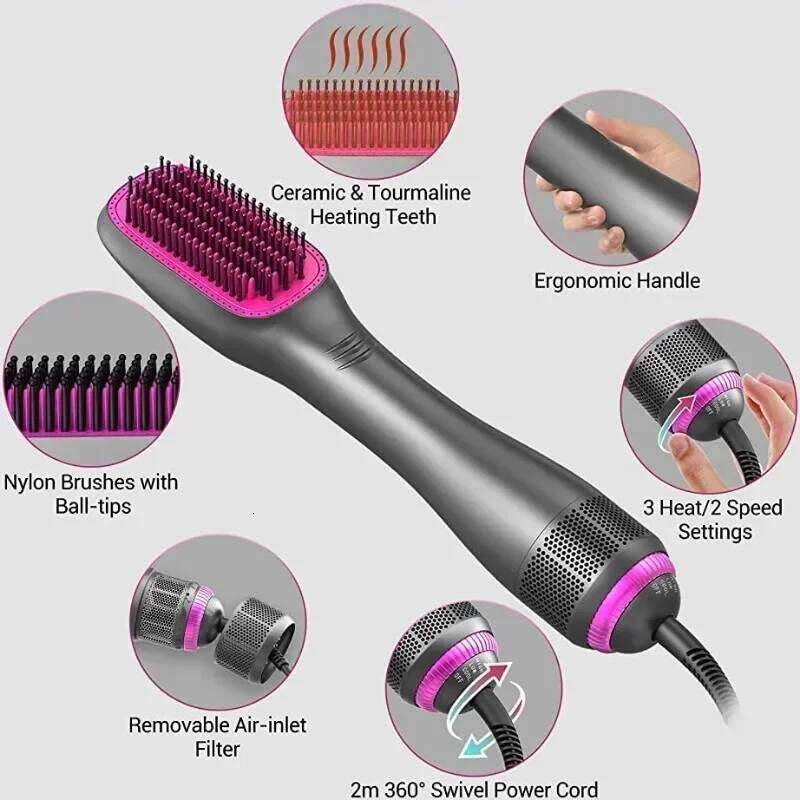 Dryer Brush 3 In 1 Hot-Air Brushes 1200 W Powerful Ceramic Tourmaline Ionic Straightener for All Hair Types electric