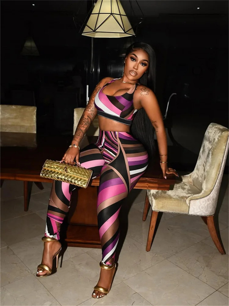 Weird Puss Fashion Patchwork 2 Piece Set Women Square Collar Tank TopsSkinny Peach Hip Pants Midnight Sexy Club Party Outfits 250617