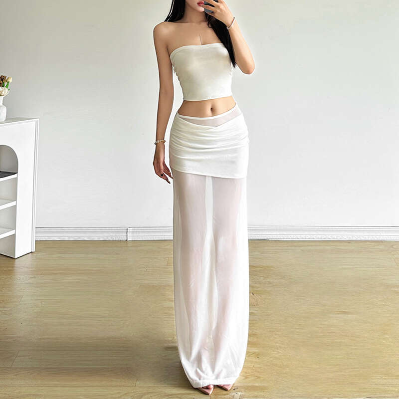 Summer New Women's Solid Color Slim Fit Street Fashion High Waist Sheer Mesh Skirt B5