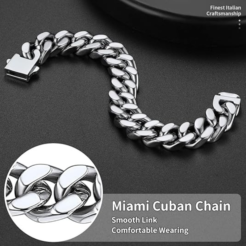 ChainsHouse Stainless Steel Cuban Link Bracelet for Men, Length, Black/18K Gold Plated Chain Wrist Bracelets for Men, with Gift Box