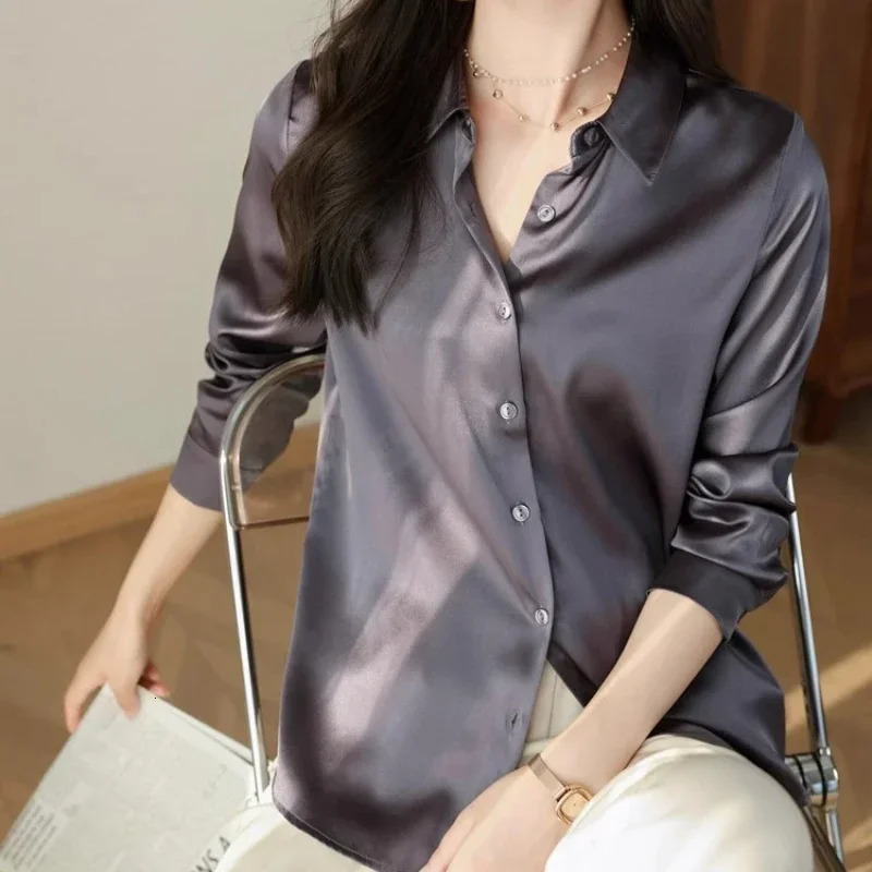 Satin Womens Shirt Blouses for Women Fashion Korean Style Tops Office White OL Loose Elegant Clothing 250617