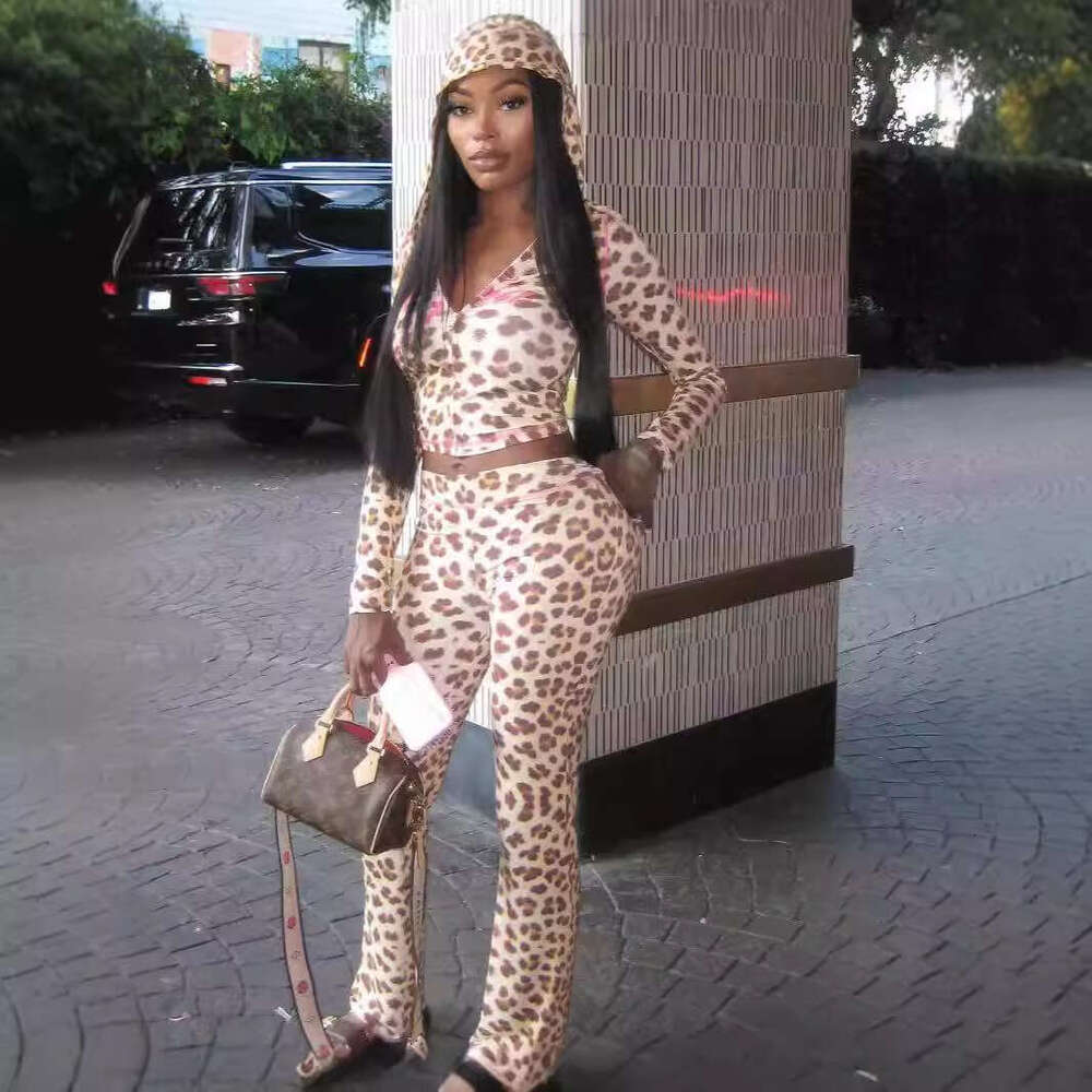 Autumn New Casual Versatile Sexy Leopard Print Hooded Long Sleeve Cardigan Top And Pants Set B5