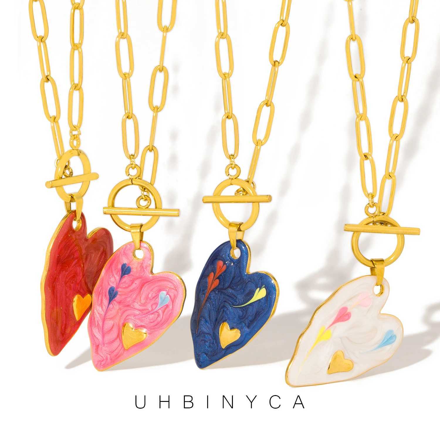 UHBINYCA Colorful Heart-shaped Pendant Necklace for Women Cool Hip-hop Style Stainless Steel Cold Enamel Personalized Jewelry W250618