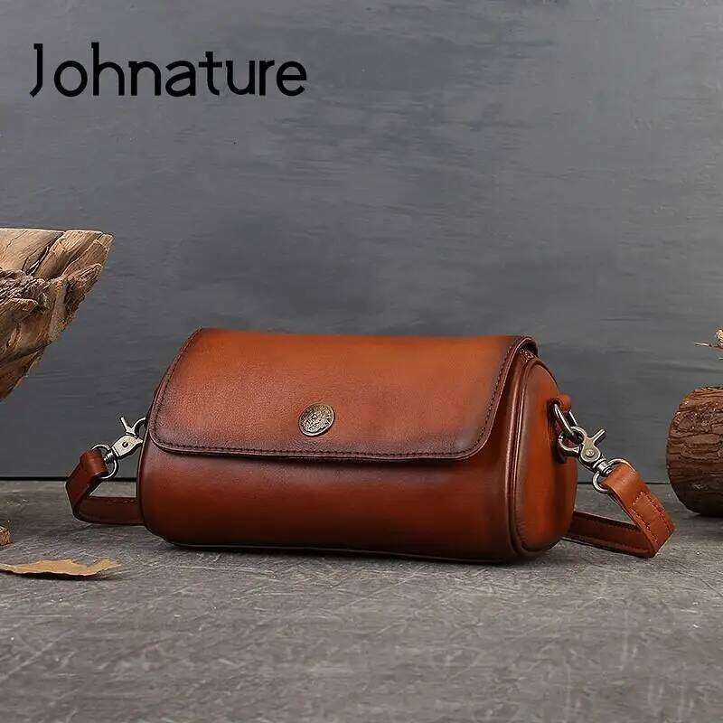 Johnature Vintage Genuine Leather 2025 New Summer Pillow Bag Handmade Versatile Solid Color Women Shoulder & Crossbody Bags