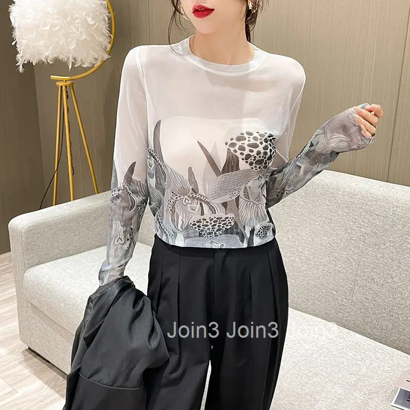 Mesh Clothing 2025 Sexy Woman T-shirt Skinny with Print Top for Women Korea Stylish Luxury High Tshirt Quality One Piece Alt Tee