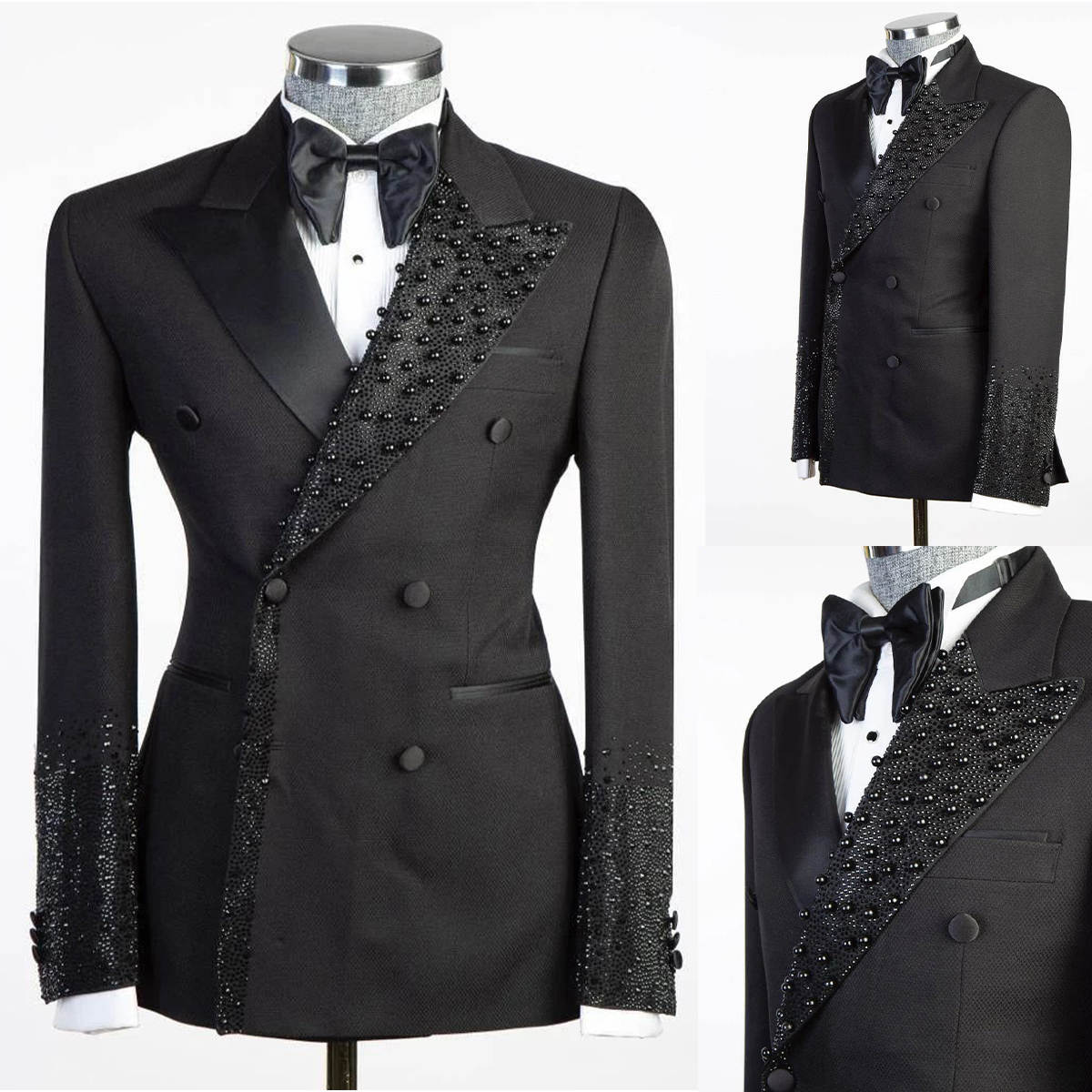 Luxury Men's Suits Tailored 2 Pieces Blazer Pants Beads Double Breasted Peaked Lapel Pockets Party Custom Made Plus Size para hombre Tailor Custo
