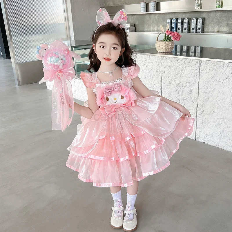 Sanrio Melody Princess Dress Girls Kawai Lolita Skirt Spring Summer Slip Dress Melody Headband Wand Cosplay Costume Birthday Party Kids XJ250618