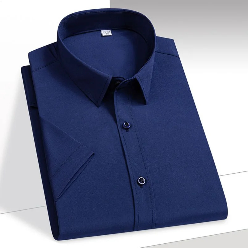 Mens Shirt Short Sleeve Elastic Solid Ice Silk Shirt Easy Care Formal Comfortable Dress Shirts Male Basic Man Clothes 250614